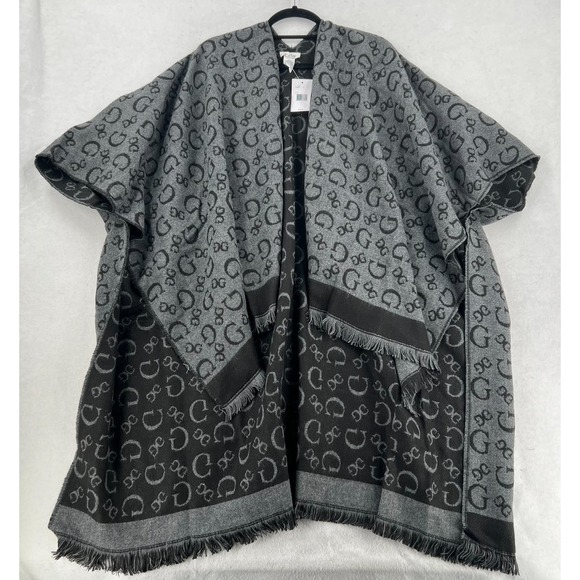 NWT Guess Mills Scarf Wrap Cardigan Fringe Gray Black Logo - Picture 1 of 7